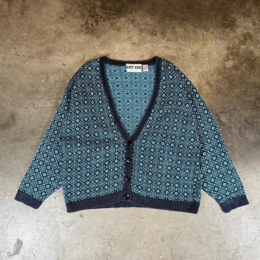 Vintage Knit Knit Geometric Diamond Cardigan Sweater Teal Navy womens Large
